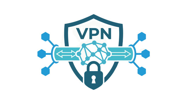 Digital VPN Shield Emblem with Lock and Network Nodes