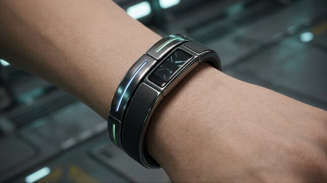 Smartwatch in Futuristic Setting smartwatch digital display wristband control room spacecraft
