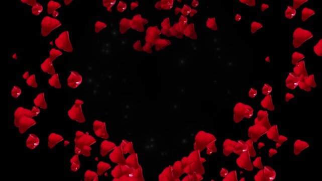 Red rose petals drift through the air against a deep black background to evoke a sense of romance.