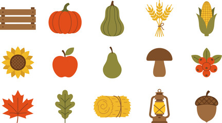 Autumn harvest icon collection with pumpkin, apple, corn, sunflower, pear, wheat, mushroom, acorn and fall nature vector clipart set © AnjumanAra