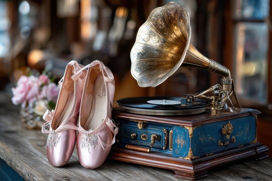Vintage ballet shoes and a gramophone on a rustic wooden table in a cozy setting