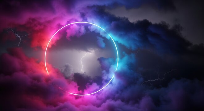 Neon light circle through storm clouds, lightning effect, vibrant colors
