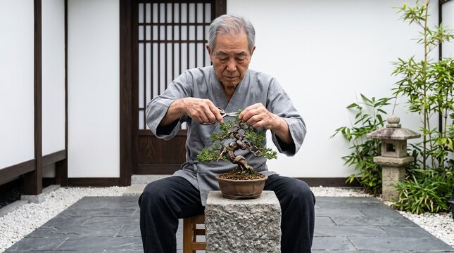 Focused senior Japanese man pruning a miniature bonsai tree in a traditional Zen courtyard for peaceful lifestyle and mindfulness.