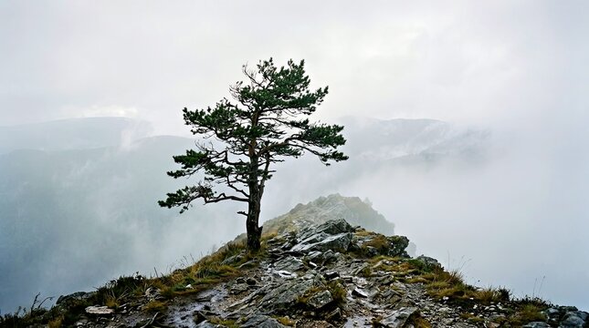 Solitary Pine Tree on Foggy Mountain Outcrop