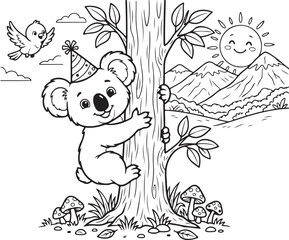 Cute koala wearing a birthday party hat climbing a tree in a sunny nature landscape for coloring