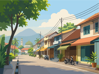 Obraz premium Sunny Indonesian Small Town Street with Shops Mountains and Tropical Trees