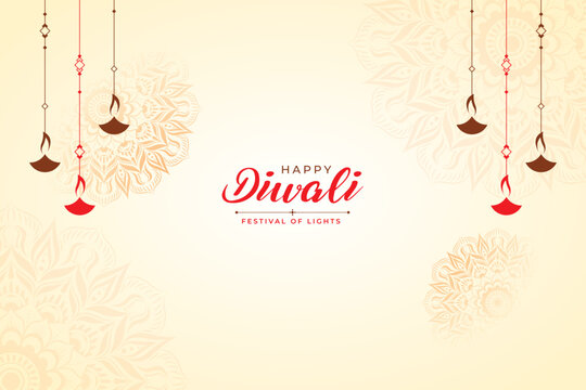 A beautiful Happy Diwali festival background featuring traditional hanging oil lamps (diyas), elegant floral mandala patterns, and a warm cream-to-golden gradient backdrop.
