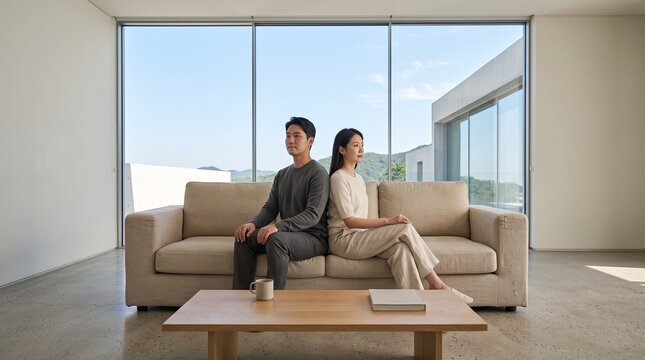Young Asian couple sitting back-to-back on sofa in minimalist modern living room with large windows, ideal for lifestyle and home decor.