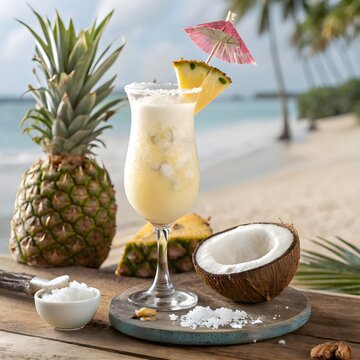 White creamy Pina Colada cocktail in glass isolated on transparent background for summer branding