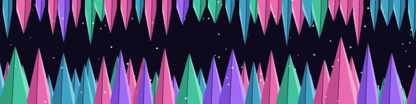 Crystal cave prisms wide banner with faceted gem formations in violet teal and pink on dark, Geode mineral geometry scene, vector for mystic poster and jewelry branding
