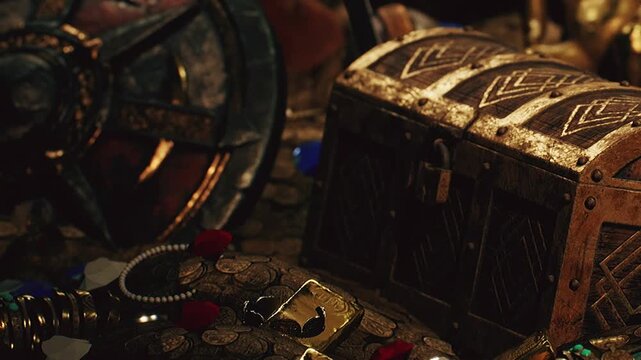 A treasure chest sits among piles of coins and jewels. Gold bars, rings, and bright stones are visible. The setting is dark and the items shine softly.