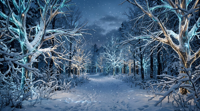 Enchanted winter forest path with glowing blue and gold light trails on snowcovered trees at dusk