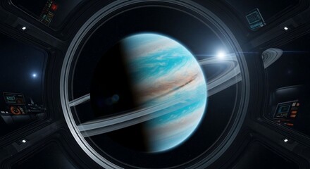 Planet with rings viewed from spaceship