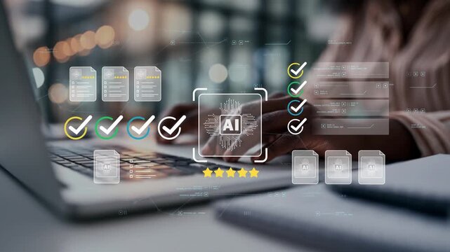 Black businesswoman using artificial intelligence business platform with animated checklist, digital document approval, enterprise workflow management and process automation 