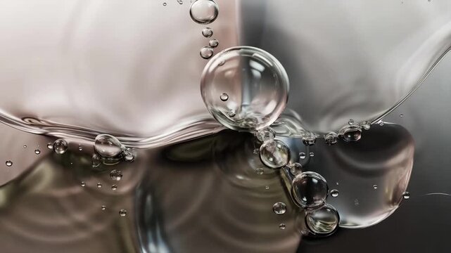 Transparent liquid bubbles in smooth artistic style on blurred background, concept of purity and fluidity