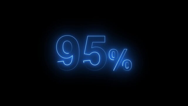 Glowing Neon Blue 95 Percent Sign Animation on Black Background. Percentage Number.