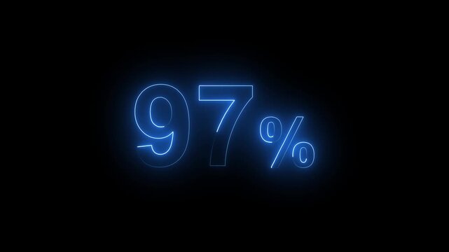 Glowing Neon Blue 97 Percent Sign Animation on Black Background. Percentage Number.