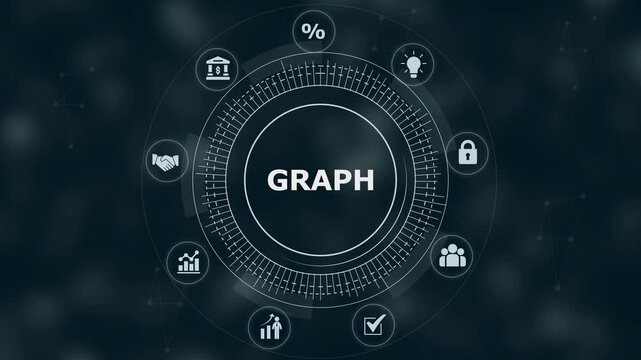 Digital interface showing the word graph surrounded by a circular menu with various business on a dark blue background with light nodes