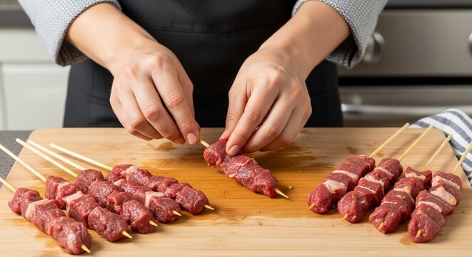 Preparing skewers on cutting board