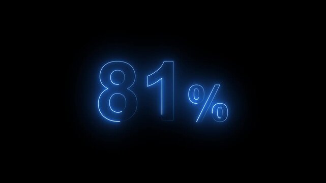 Glowing Neon Blue 81 Percent Sign Animation on Black Background. Percentage Number.