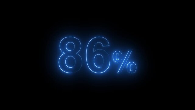 Glowing Neon Blue 86 Percent Sign Animation on Black Background. Percentage Number.