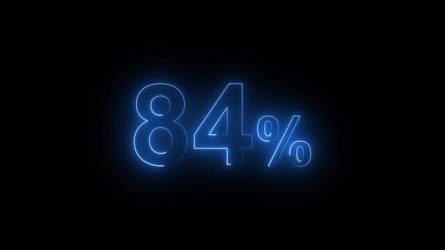 Glowing Neon Blue 84 Percent Sign Animation on Black Background. Percentage Number.