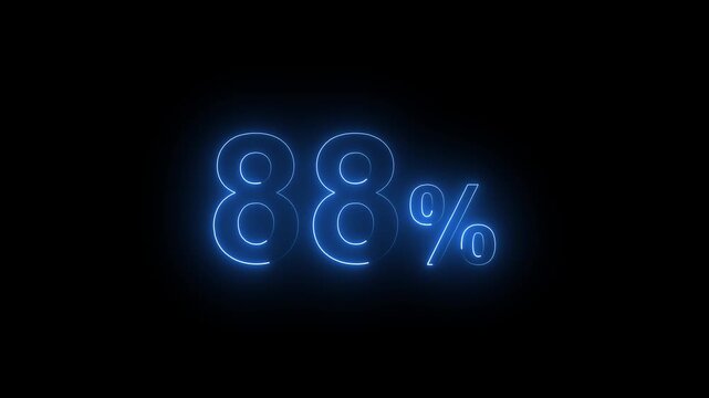 Glowing Neon Blue 88 Percent Sign Animation on Black Background. Percentage Number.
