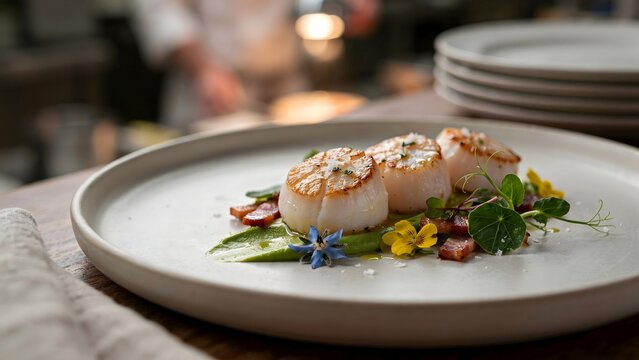 Gourmet scallop dish with microgreens and flowers &ndash; Great for culinary art, chef plating, or haute cuisine.