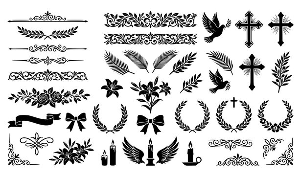 Memorial Funeral Decorative Borders and Cross Ornament Vector Collection Isolated on White