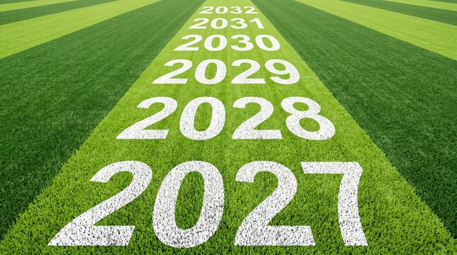 Future years timeline numbers 2027 to 2032 painted on green grass field background