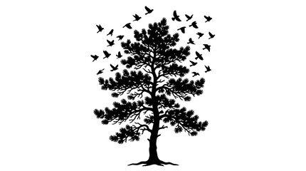 CAD tree lines,  pine tree, Black pine tree silhouette with flying birds, evergreen coniferous tree vector illustration, forest nature landscape element on white background Vector © MST