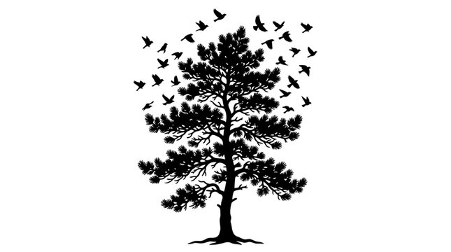 CAD tree lines,  pine tree, Black pine tree silhouette with flying birds, evergreen coniferous tree vector illustration, forest nature landscape element on white background Vector