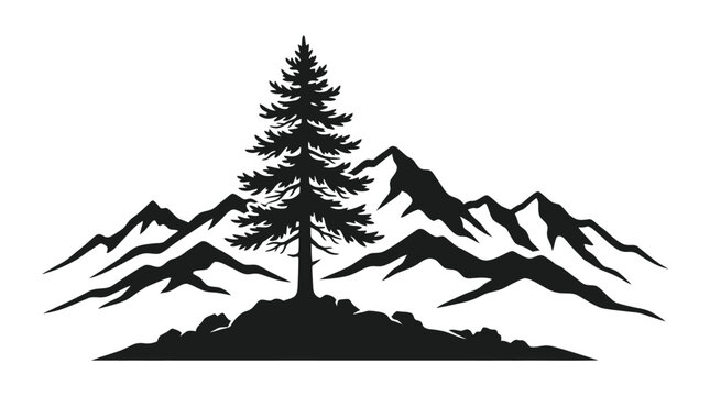 CAD tree lines,  pine tree, Minimalist mountain landscape vector with evergreen pine tree, black and white wilderness silhouette, outdoor adventure nature icon for logo design Vector