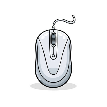 Simple cartoon illustration of a white computer mouse with a cord