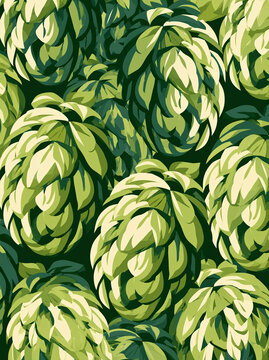A flat-design vector illustration capturing the green textured shapes of hop flowers in a repeating botanical pattern.