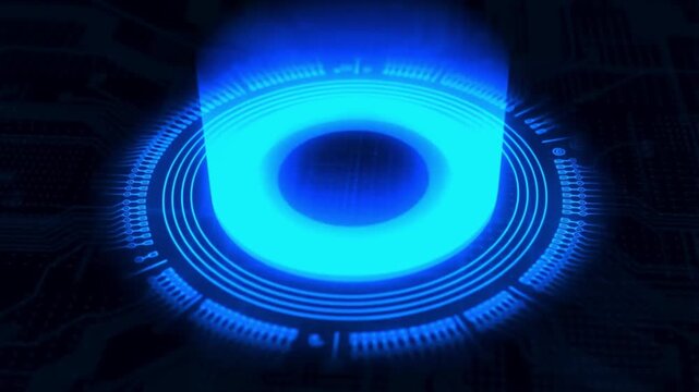 Futuristic Technology Interface with Glowing Blue Energy Core Digital Power Button on Circuit Board Abstract AI Data Hub Animation