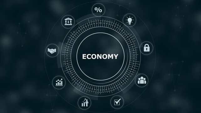 Digital interface showing the word economy surrounded by circular representing banking and finance symbols on a dark blue background