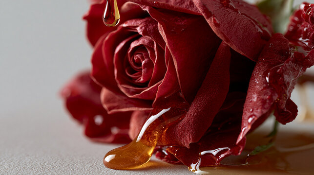 Detailed Nature Scene Featuring Deep Red Rose Covered with Golden Honey Dripping onto White Surface
