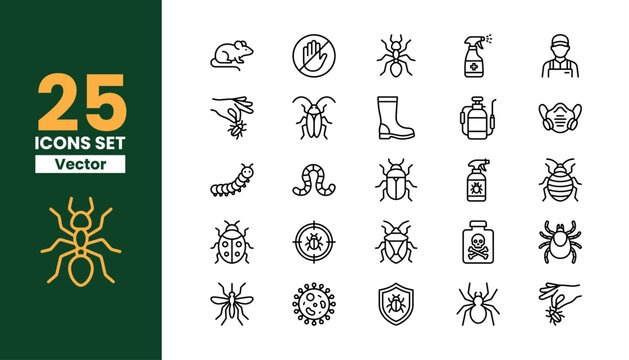 Pest control and insecticide outline icon set vector illustration. includes mouse, stop, ant, spray, pest control, hand, cockroach, boots, mask, worm.