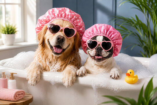 Two dogs wearing shower caps while enjoying bath time and pet spa treatment