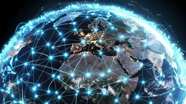 Global Digital Grid Growing Over Earth Loop 3D Animation AI Neural Network Internet Connections and International Aviation