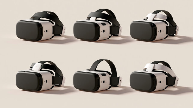 Six Virtual Reality Headsets Arranged in Two Rows on Beige Background
