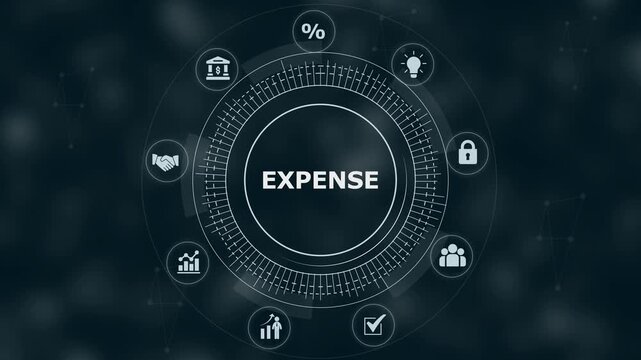 Digital interface showing the word expense surrounded by circular representing banking and finance symbols on a dark blue background