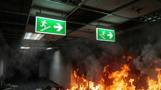 Green emergency exit sign hanging in smoky corridor with fire burning