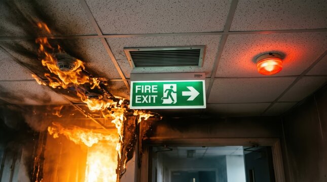 Emergency fire exit sign in a burning office building corridor with flames and smoke