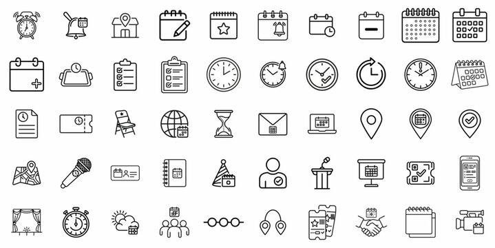 Minimalist event planning line icons, 50 business schedule and time management vector symbols, professional calendar and appointment outline set