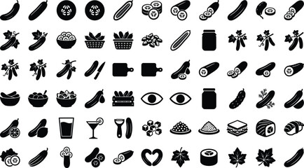 Cucumber and Pickled Vegetable Silhouette Icon Set with Solid Black Symbols for Sliced Gherkins, Fresh Salads, Fermentation Jars, and Skincare Spa Treatments © RUBINA