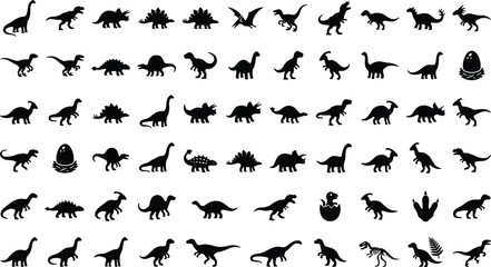 Dinosaur Prehistoric Wildlife Silhouette Icon Set with Solid Black Symbols for Ancient Carnivores, Herbivores, Flying Pterosaurs, Jurassic Monsters, and Paleontology © RUBINA