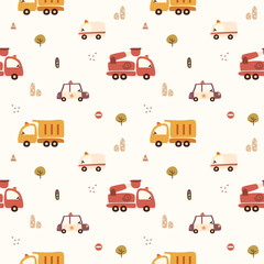 Vehicle cartoon so cute. On police car truck ambulance fire truck building traffic cone traffic light traffic sign tree background. Pattern seamless vector illustration.  © Therdsak