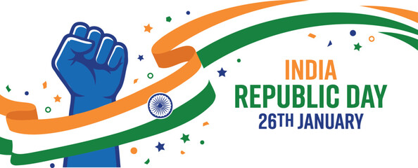 Naklejka premium India Republic Day Banner Featuring Blue Raised Raised Fist Silhouette With Tricolor Ribbon Wave Vector Illustration